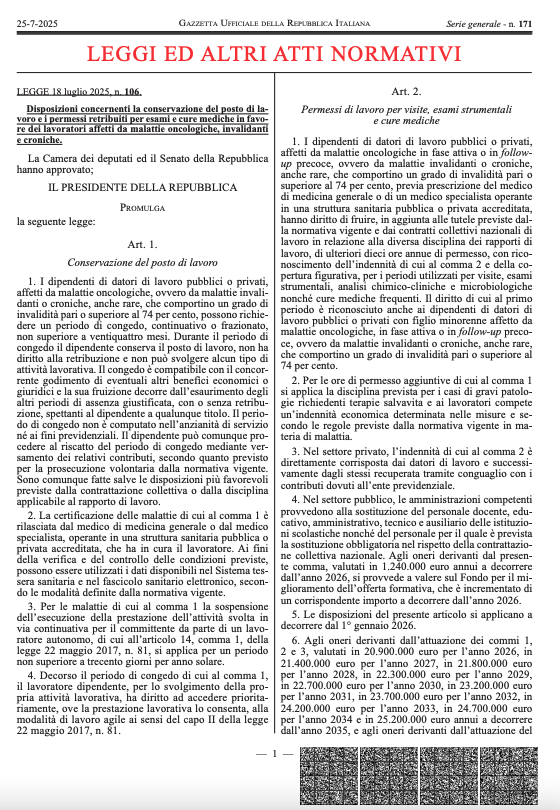 ADAPTwelfare's tweet photo. Con la legge n. 106 del 18 luglio 2025, in vigore dal 9 agosto, sono state riconosciute nuove #tutele nei confronti dei lavoratori affetti da malattie oncologiche, invalidanti e croniche (#aspettativa non retribuita, #permessi aggiuntivi, accesso prioritario al #lavoroagile) https://t.co/tU2lIJfXM7