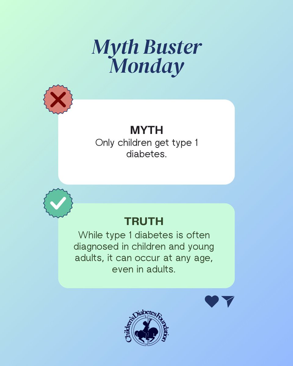 MYTH: Only kids get type 1 diabetes.
🚫 The truth? More than half of new T1D diagnoses are in adults.

While it’s often diagnosed in children, type 1 diabetes can begin at any age.
📢 Let’s bust this myth—share this post to spread the word.

#MythBusterMonday #T1DTruth #CDFCares