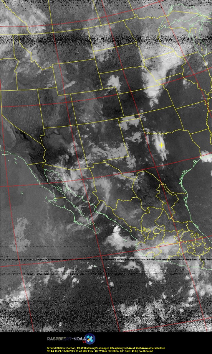KB5ZUR's tweet image. Ground Station: Gordon, TX #TXlisteningPostImages #Raspberry-NOAA-v2 #NOAAWeathersatellites NOAA 15 18-08-2025 09:25 Max Elev: 43° W Sun Elevation: 30° Gain: 49.6 | Southbound