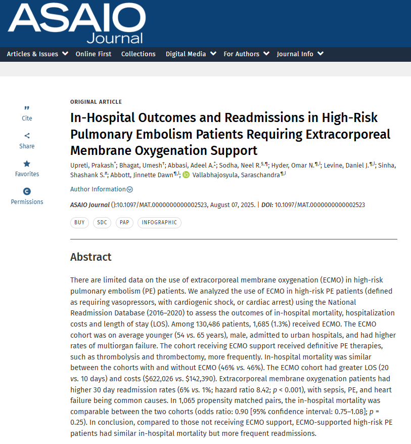 DrLubDubMD's tweet image. 📢 Publication Alert! 
1/ 🫁 ECMO in high-risk pulmonary embolism (PE) remains poorly studied. Using NRD, we evaluated outcomes in this critically ill group.
Thank you @ShashankSinhaMD @JDawnAbbott1 @SarasVallabhMD for the mentorship. #Cardiotwitter #PulmCrit