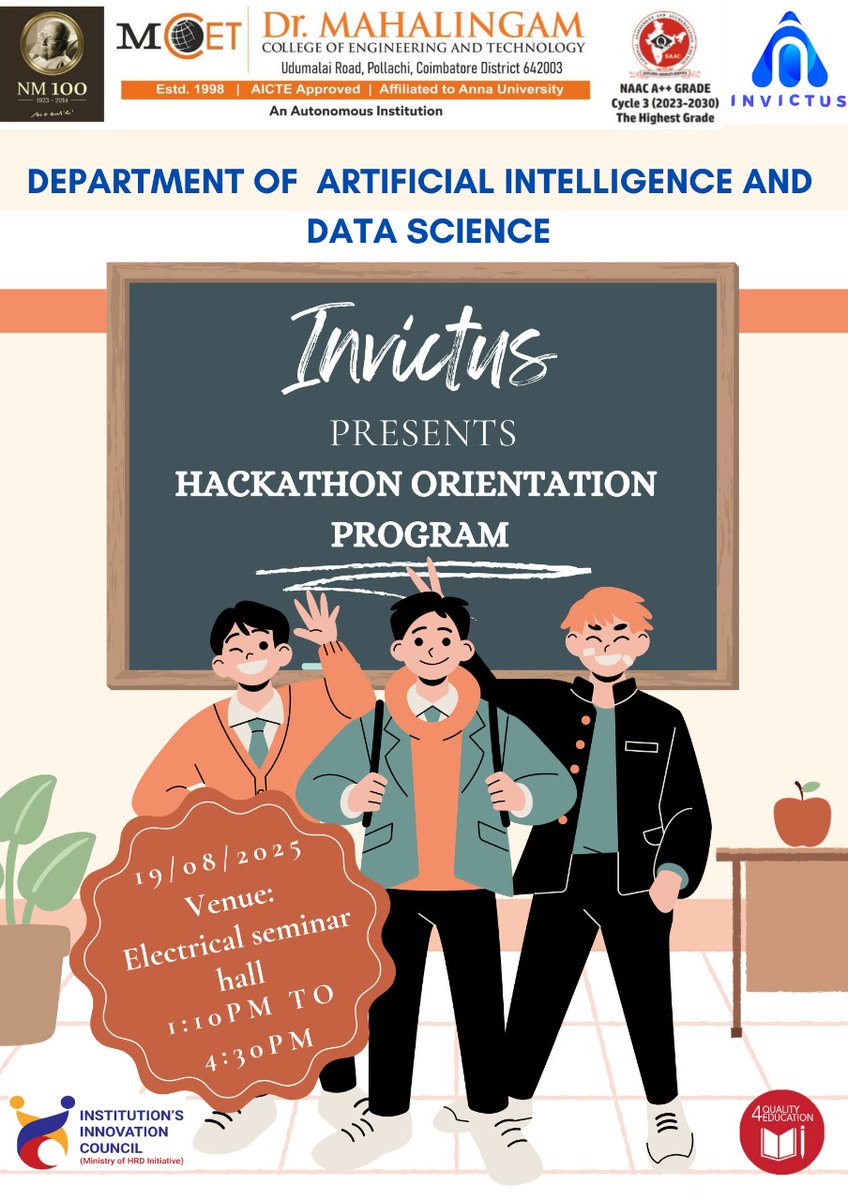 💫 Hackathon Orientation 🎉

Venue : Electrical Seminar Hall 
Date : 19 Aug 2025

Stay tuned for session , workshop ! 

#Mcet #AI &amp;DS #INVICTUS