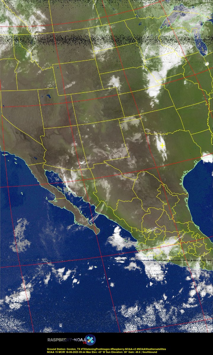 KB5ZUR's tweet image. Ground Station: Gordon, TX #TXlisteningPostImages #Raspberry-NOAA-v2 #NOAAWeathersatellites NOAA 15 18-08-2025 09:25 Max Elev: 43° W Sun Elevation: 30° Gain: 49.6 | Southbound