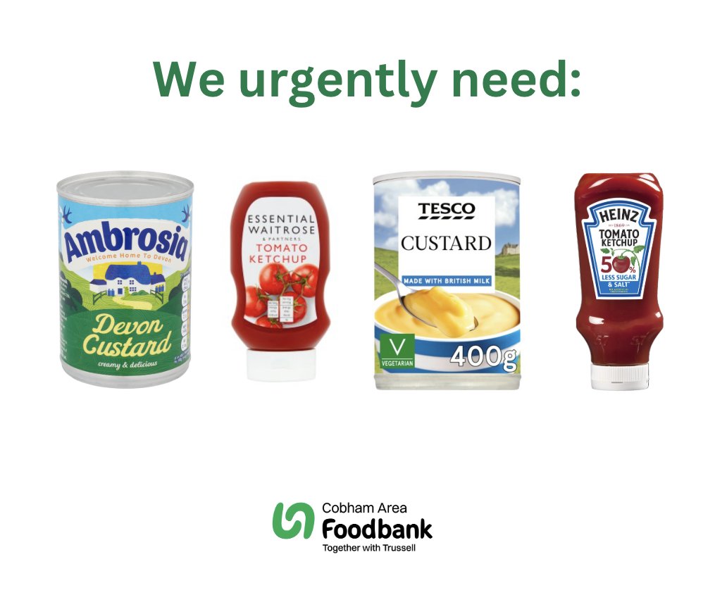 🍅✨ We’re running really low on tomato ketchup and tins of custard!
If you’re out shopping, could you pop one or two in your trolley for Cobham Area Foodbank?
You can drop them in the collection bins listed here: cobhamarea.foodbank.org.uk/give-help/dona…
Every donation helps, thank you 💚