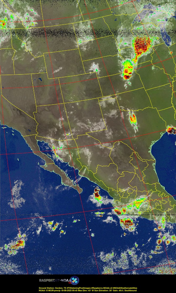 KB5ZUR's tweet image. Ground Station: Gordon, TX #TXlisteningPostImages #Raspberry-NOAA-v2 #NOAAWeathersatellites NOAA 15 18-08-2025 09:25 Max Elev: 43° W Sun Elevation: 30° Gain: 49.6 | Southbound
