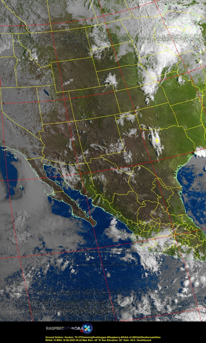 KB5ZUR's tweet image. Ground Station: Gordon, TX #TXlisteningPostImages #Raspberry-NOAA-v2 #NOAAWeathersatellites NOAA 15 18-08-2025 09:25 Max Elev: 43° W Sun Elevation: 30° Gain: 49.6 | Southbound