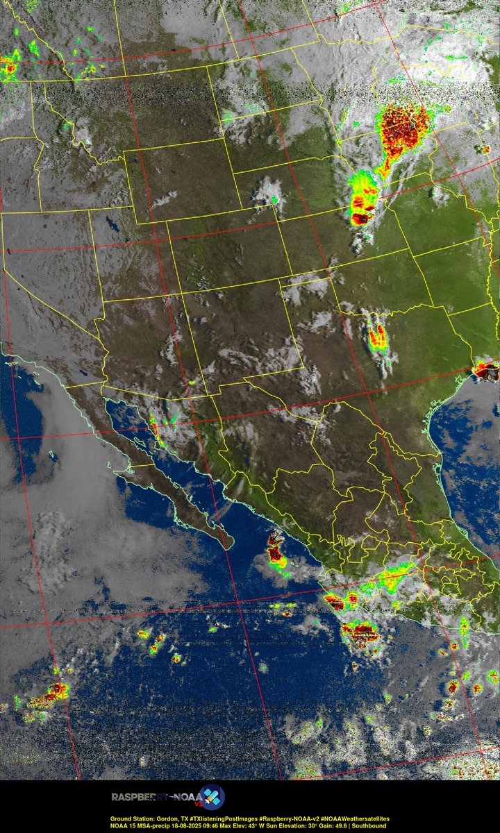 KB5ZUR's tweet image. Ground Station: Gordon, TX #TXlisteningPostImages #Raspberry-NOAA-v2 #NOAAWeathersatellites NOAA 15 18-08-2025 09:25 Max Elev: 43° W Sun Elevation: 30° Gain: 49.6 | Southbound
