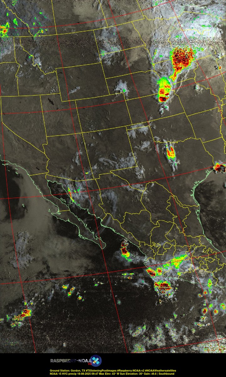 KB5ZUR's tweet image. Ground Station: Gordon, TX #TXlisteningPostImages #Raspberry-NOAA-v2 #NOAAWeathersatellites NOAA 15 18-08-2025 09:25 Max Elev: 43° W Sun Elevation: 30° Gain: 49.6 | Southbound