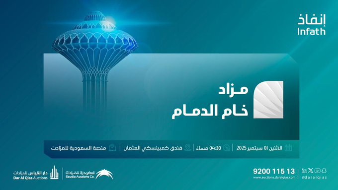حدث عقاري قادم في مدينة الدمام ... دار القياس تعلن عن إقامة المزاد العلني مزاد خام الدمام تحت إشراف إنفاذ. أرضان خام بمساحة 7,8 مليون م² بموقع استراتيجي قرب طريق الملك فهد والمطار.. 0538666516 0580783660 