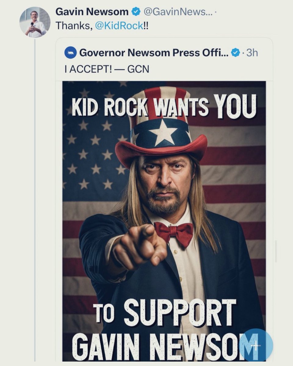 Gavin Newsom, widely referred to as “Newscum” is really using a Deep Fake image of Kid Rock supporting him after passing a law in California to ban deep fakes.

More proof of rules for thee but not for me.