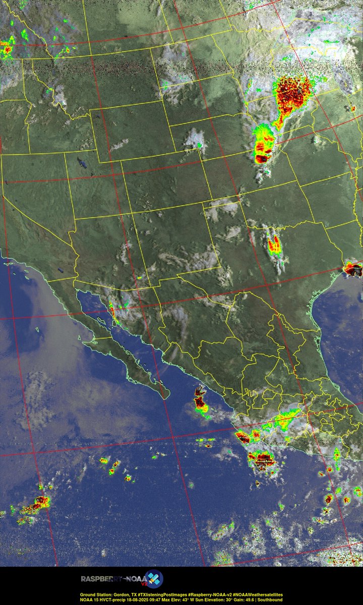 KB5ZUR's tweet image. Ground Station: Gordon, TX #TXlisteningPostImages #Raspberry-NOAA-v2 #NOAAWeathersatellites NOAA 15 18-08-2025 09:25 Max Elev: 43° W Sun Elevation: 30° Gain: 49.6 | Southbound