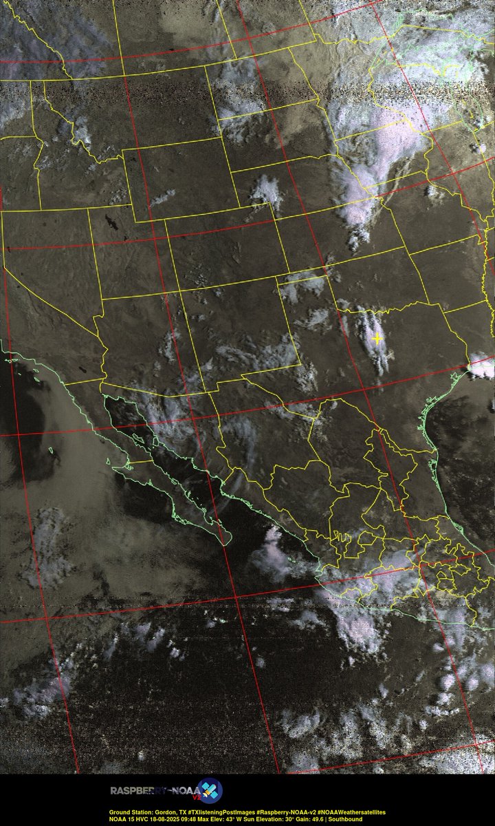 KB5ZUR's tweet image. Ground Station: Gordon, TX #TXlisteningPostImages #Raspberry-NOAA-v2 #NOAAWeathersatellites NOAA 15 18-08-2025 09:25 Max Elev: 43° W Sun Elevation: 30° Gain: 49.6 | Southbound