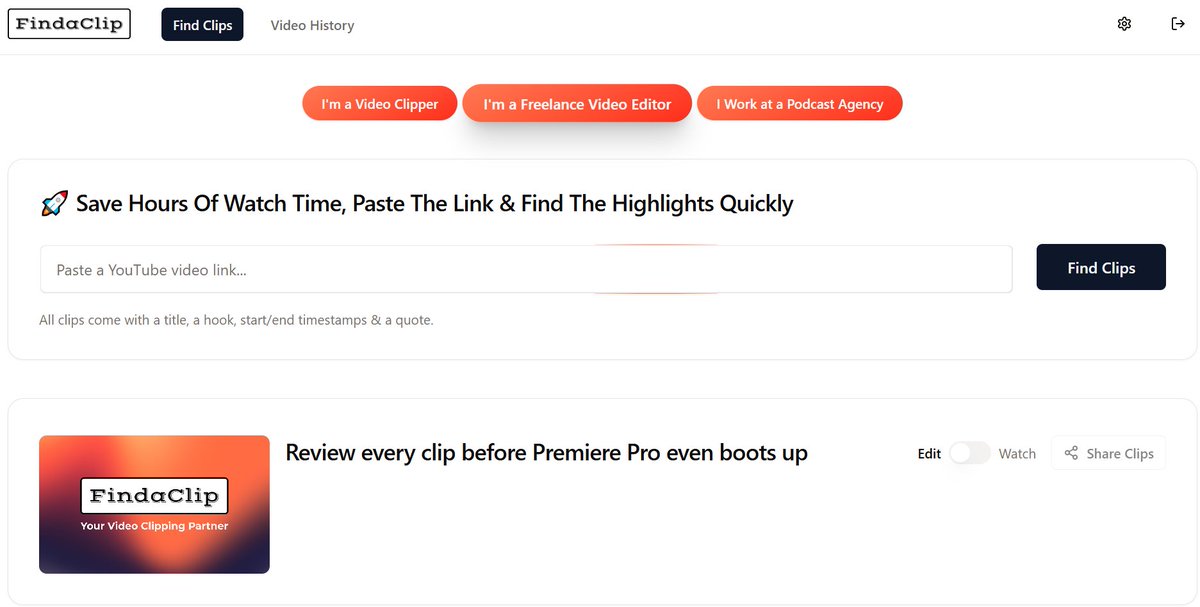 If you're a video editor, a clipper, or a podcast editor now is the time to join findaclip. com

The app is currently in beta and early users get free unlimited access