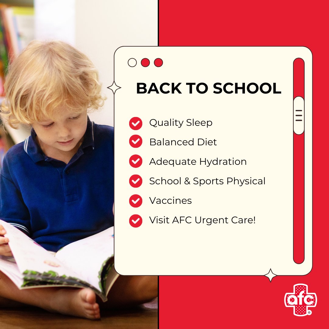 Physicals, vaccines, and screenings - get your child ready for a healthy school year with AFC Urgent Care! Walk in today, no appointment needed.