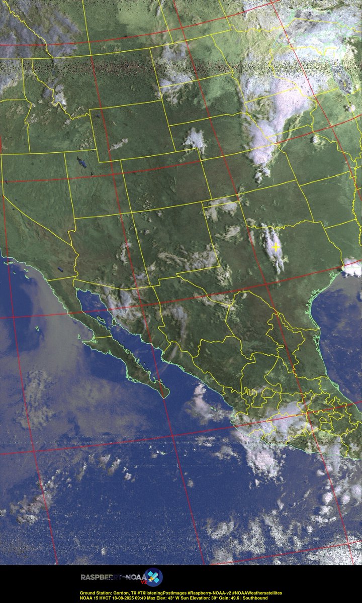 KB5ZUR's tweet image. Ground Station: Gordon, TX #TXlisteningPostImages #Raspberry-NOAA-v2 #NOAAWeathersatellites NOAA 15 18-08-2025 09:25 Max Elev: 43° W Sun Elevation: 30° Gain: 49.6 | Southbound