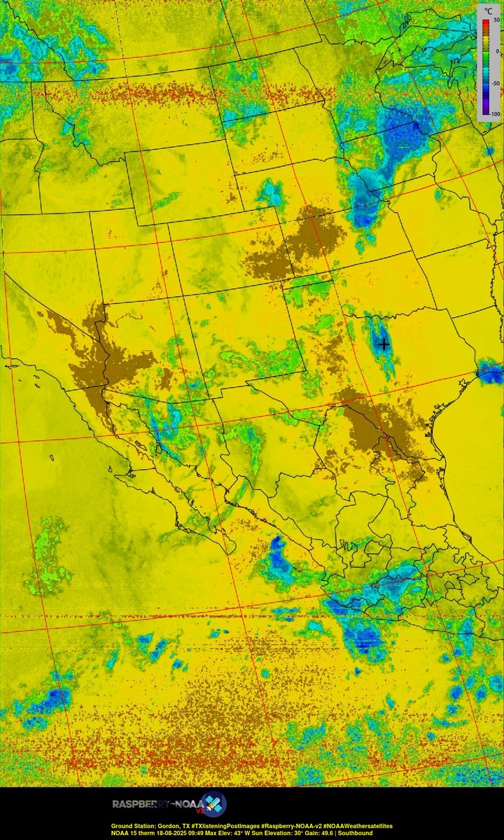 KB5ZUR's tweet image. Ground Station: Gordon, TX #TXlisteningPostImages #Raspberry-NOAA-v2 #NOAAWeathersatellites NOAA 15 18-08-2025 09:25 Max Elev: 43° W Sun Elevation: 30° Gain: 49.6 | Southbound