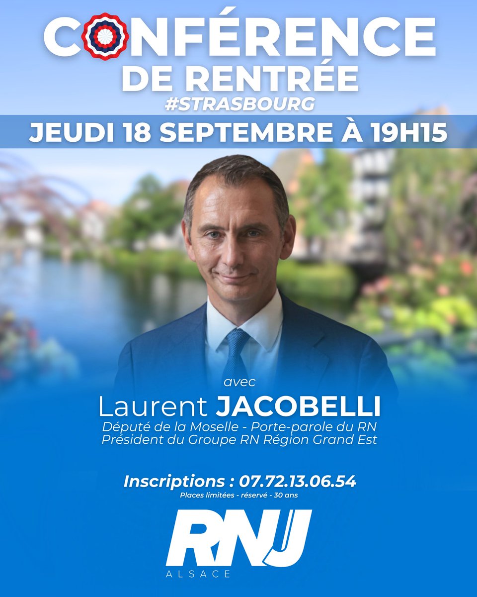 RNJ Alsace (@rnjalsace) on Twitter photo Conférence de rentrée du RNJ Alsace à Strasbourg.
đ«đ· Nous aurons lâhonneur dâaccueillir <a href="/ljacobelli/">Laurent Jacobelli</a>, dĂ©putĂ© de la Moselle et porte-parole du RN.
đïž Jeudi 18 septembre Ă 19h15
đđ» Infos et inscriptions : 07 72 13 06 54
#RNJ #RNJAlsace Conférence de rentrée du RNJ Alsace à Strasbourg.
đ«đ· Nous aurons lâhonneur dâaccueillir <a href="/ljacobelli/">Laurent Jacobelli</a>, dĂ©putĂ© de la Moselle et porte-parole du RN.
đïž Jeudi 18 septembre Ă 19h15
đđ» Infos et inscriptions : 07 72 13 06 54
#RNJ #RNJAlsace