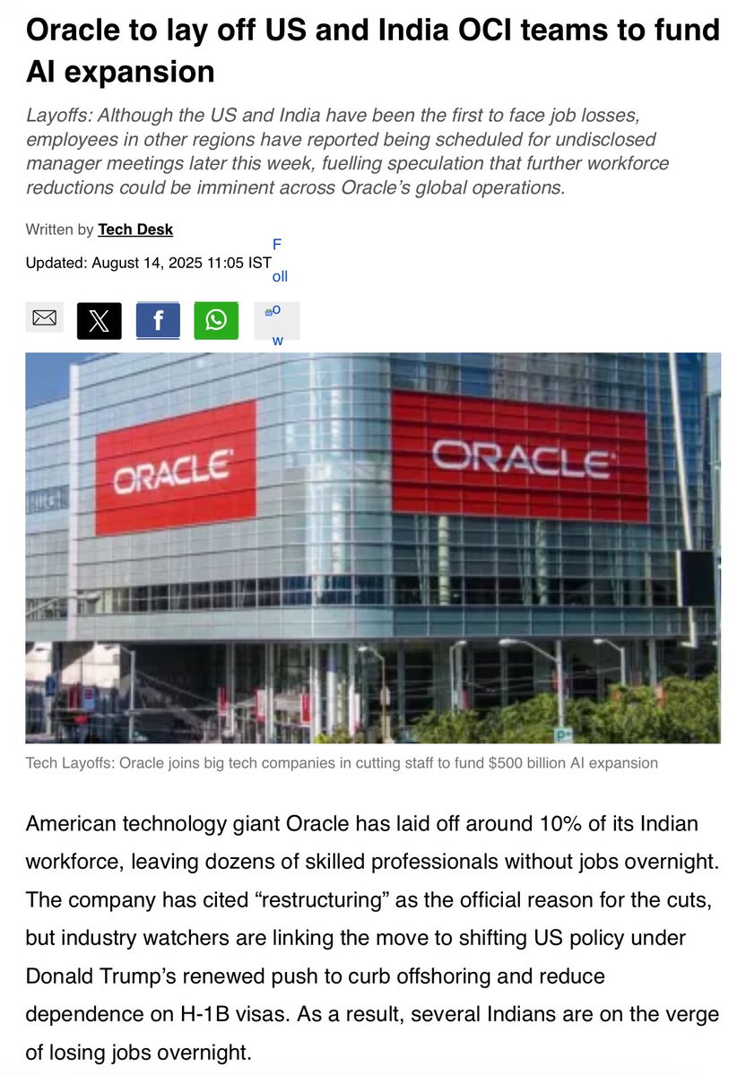 gurjota's tweet image. Humans are perishing in the age of AI.
TCS - 12,000 employees
Microsoft - 9,000 employees
IBM - 8,000 employees
Oracle - 10% India employees