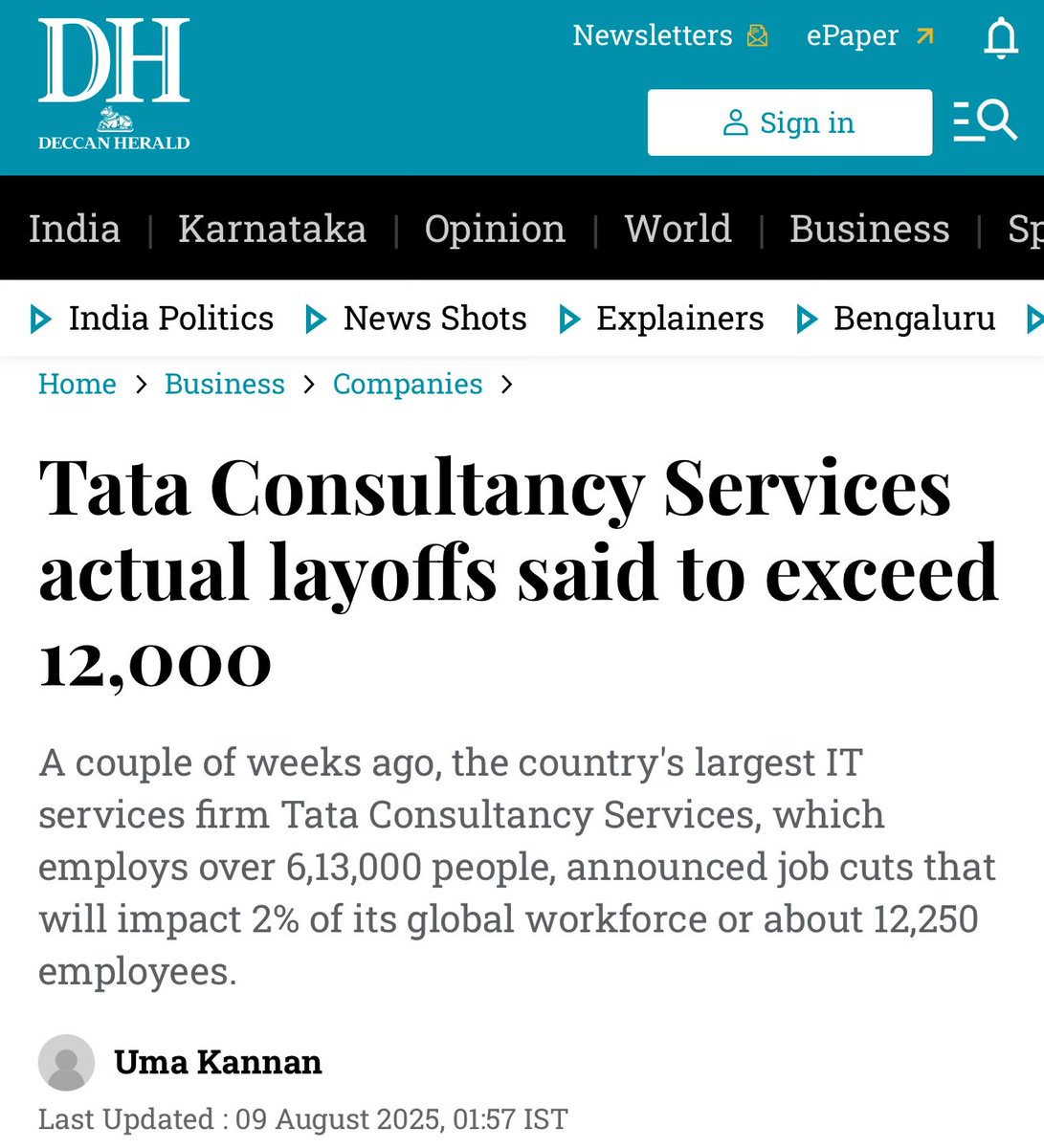 gurjota's tweet image. Humans are perishing in the age of AI.
TCS - 12,000 employees
Microsoft - 9,000 employees
IBM - 8,000 employees
Oracle - 10% India employees