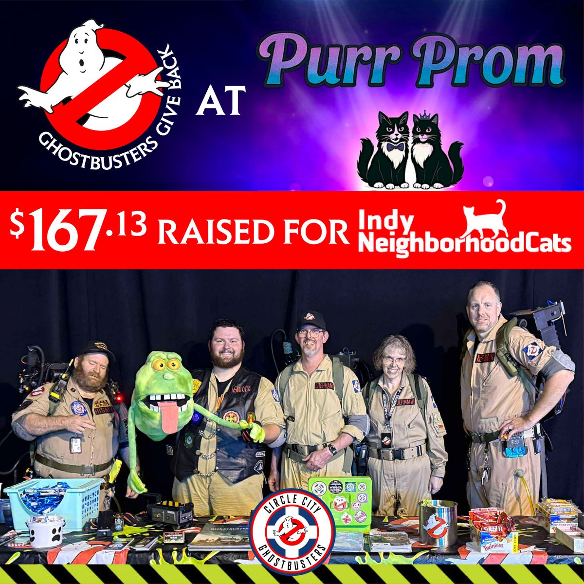 Who ya gonna call when kitties need cash? The Circle City Ghostbusters busted out $167.13 donations at Purr Prom for Indy Neighborhood Cats! Thanks to everyone who donated and danced the night away with your local Ghostbusters!

#Ghostbusters #Cats #Donation #GhostbustersGiveBack
