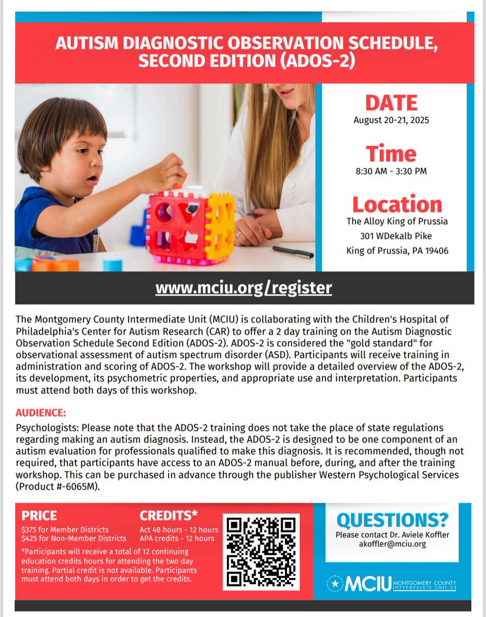MCIU is hosting a training for psychologists on the ADOS-2.    The ADOD-2 is considered the "gold standard" for
observational assessment of autism spectrum disorder (ASD).    To register, go to mciu.gosignmeup.com