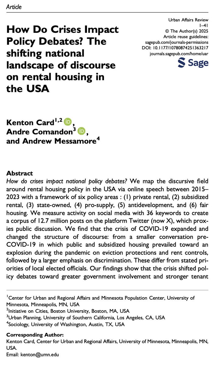 kenton_card's tweet image. * How do crises impact policy debate? *

I&apos;m thrilled to share my new article w/ @acomandon &amp;amp; Andrew Messamore in Urban Affairs Review!

We examine 12.7m tweets about rental housing to show COVID-19 shifted debate to greater gov. intervention &amp;amp; tenant protections. #HousingTwitter