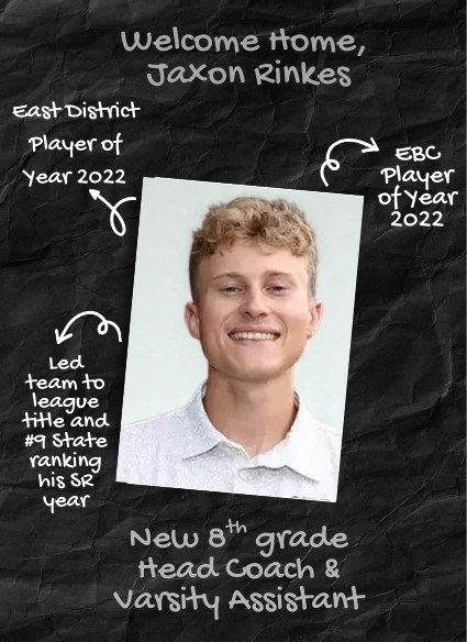 Welcome home, <a href="/JaxonRinkes12/">Jaxon Rinkes</a> ! Great to have yet another former PG on staff. Excited to have him leading the 8th grade, and helping out the Varsity!