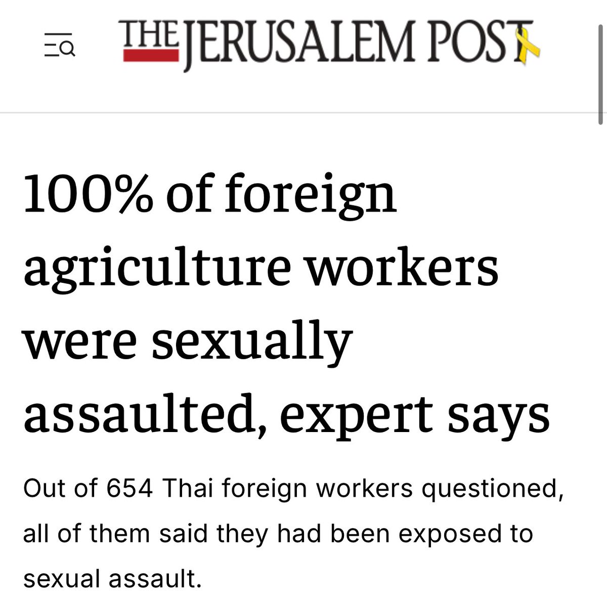 At a Knesset Special Committee on Foreign Workers, the mask slipped: every single Thai agricultural worker surveyed, 654 out of 654, reported experiencing sexual assault.

The study, led by Dr. Yahel Kurlander and Dr. Shahar Shoham, exposes a system of total vulnerability:

🔻