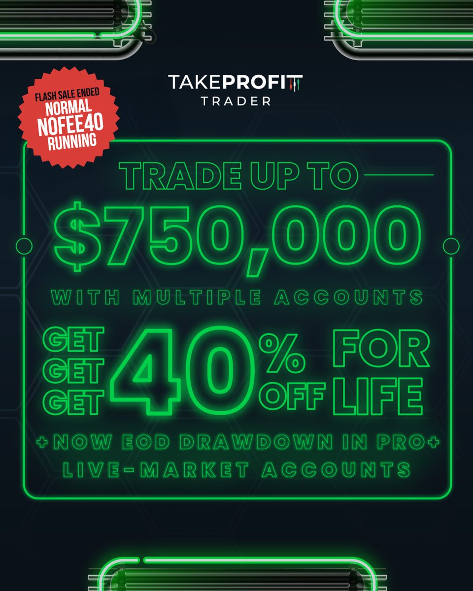 We're back to the regular NOFEE40 offer which gives you 40% off any test account and no PRO activation fees. 

✅ Even with the flash sale over, you'll still enjoy our same day-one and daily PRO payout policy and get end-of-day drawdown in our live-market PRO+ accounts!