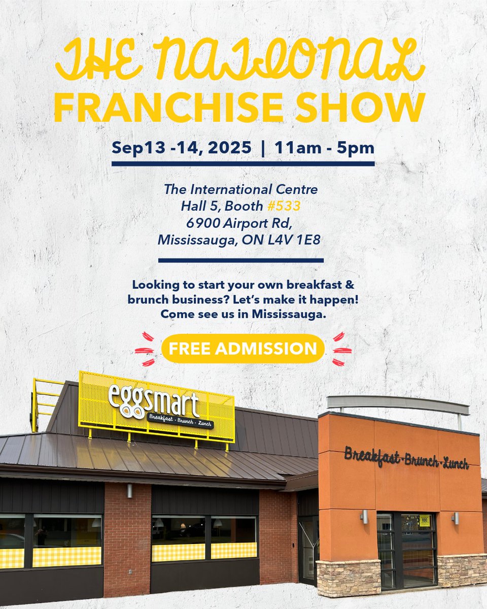 Your future could be sunny-side up! ☀️ Meet us at the National Franchise  Show Sept 13–14 to explore owning your own Eggsmart. 🎟 FREE admission –  register now! . . . #FranchiseShow #Torontobusiness #startyourownbusiness  #breakfastrestaurant ...