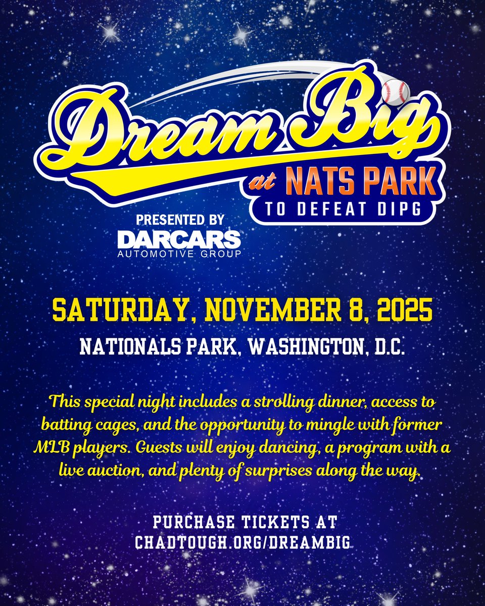 chadtough's tweet photo. Join us for an unforgettable evening at Nationals Park in Washington, D.C.!  The evening promises to inspire as we raise funds for critical research to help #DefeatDIPG.

Individual tickets or teams of 10 tickets are available at https://t.co/58EOl1u4CB. https://t.co/85MsFNhZ5h