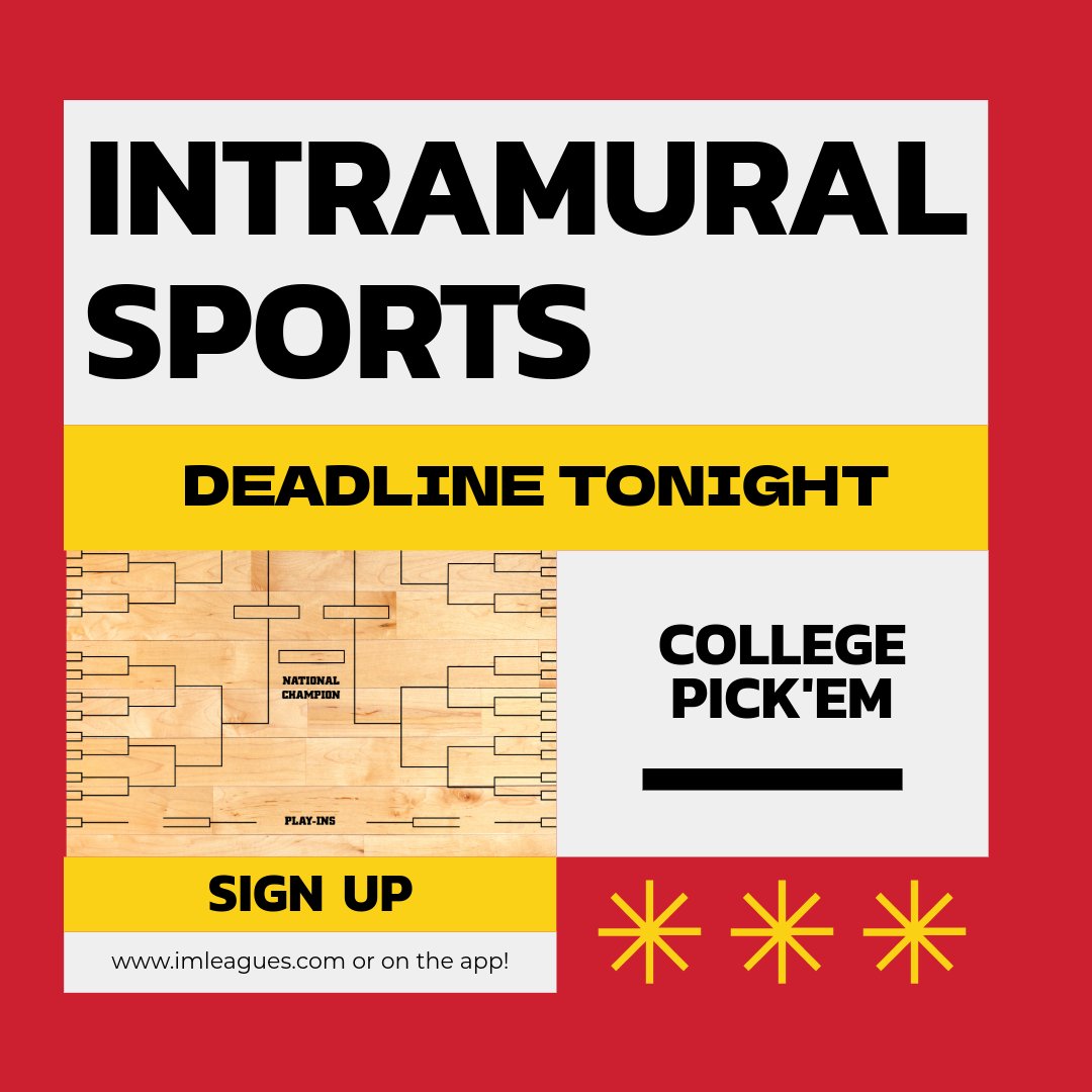 🚨INTRAMURAL SPORTS DEADLINE🚨 Today is the last day to sign up for College Pick'Em! Sign up on IMLeagues or on the Pitt State Campus Rec App!

#campusrec #campuslife #OAGAAG #PSU #pittstate