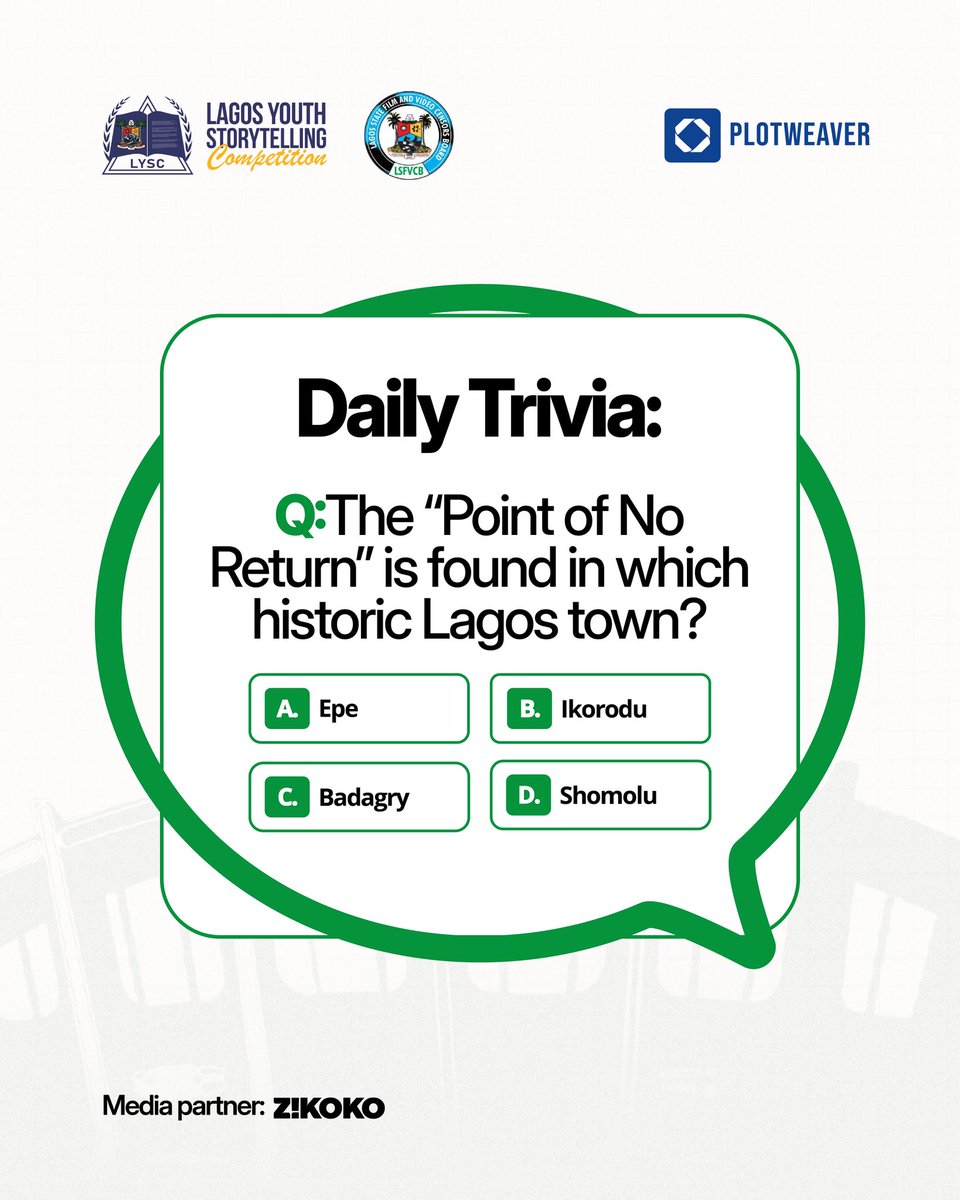 Lagos Trivia Time! 

Thank you know Lagos? Plug in! 

Today’s question: The “Point of No Return” is found in which historic Lagos town? 👀

First 3 correct answers win FREE airtime 💃📲