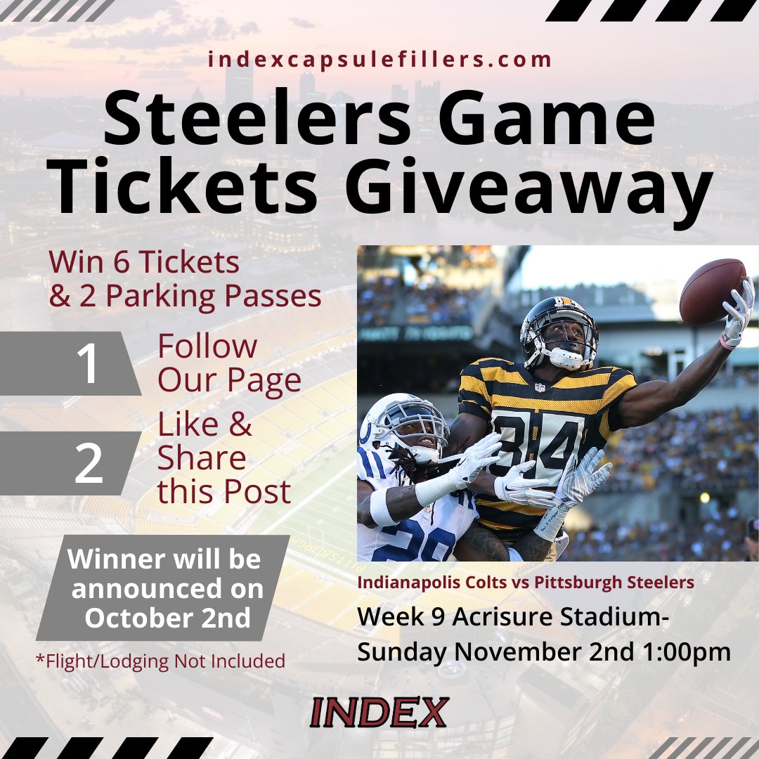 Ready for game day? Score 6 tickets for you and your friends to see the Colts face the Steelers at Acrisure Stadium! Follow, like, and repost to enter. Winner revealed October 2nd. #Pittsburgh #Steelers #Indy #Colts #Giveaway #HereWeGo