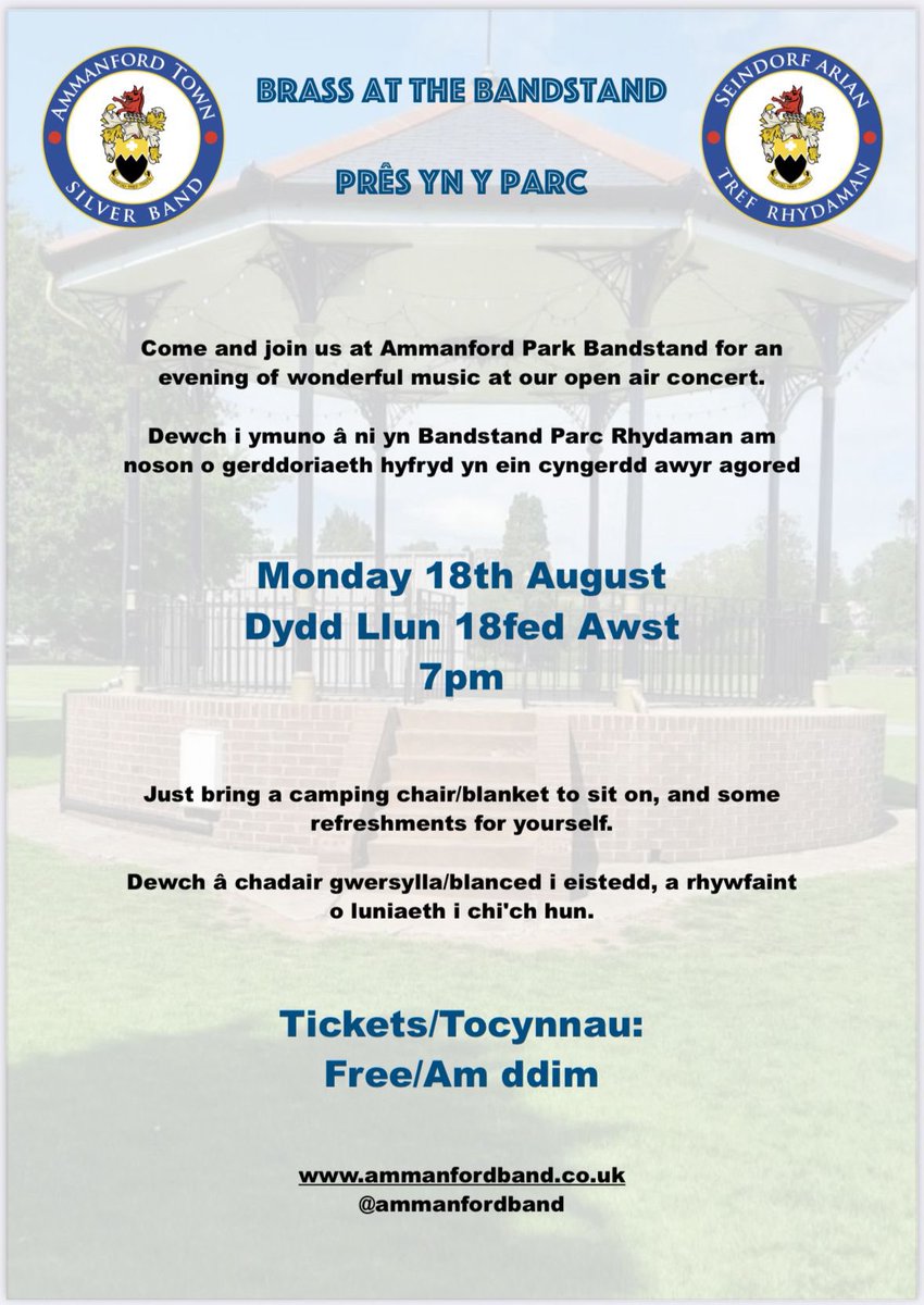 <a href="/ammanfordband/">Ammanford Town Band</a> are playing in the Park tonight from 7pm.  

Come and enjoy an evening of live music 🎶 🎺 

Cricket Pavilion open from 18:30