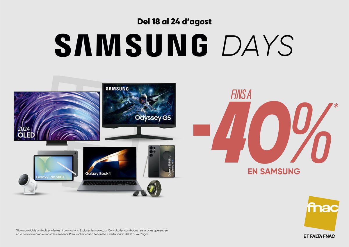 FNACANDORRA's tweet image. 🚨Fins a 40% de descompte en productes Samsung! 
Estàs llest per a renovar els teus dispositius al millor preu?📱⌚️🎧
Només per temps limitat. Del 18 al 24 d'agost.