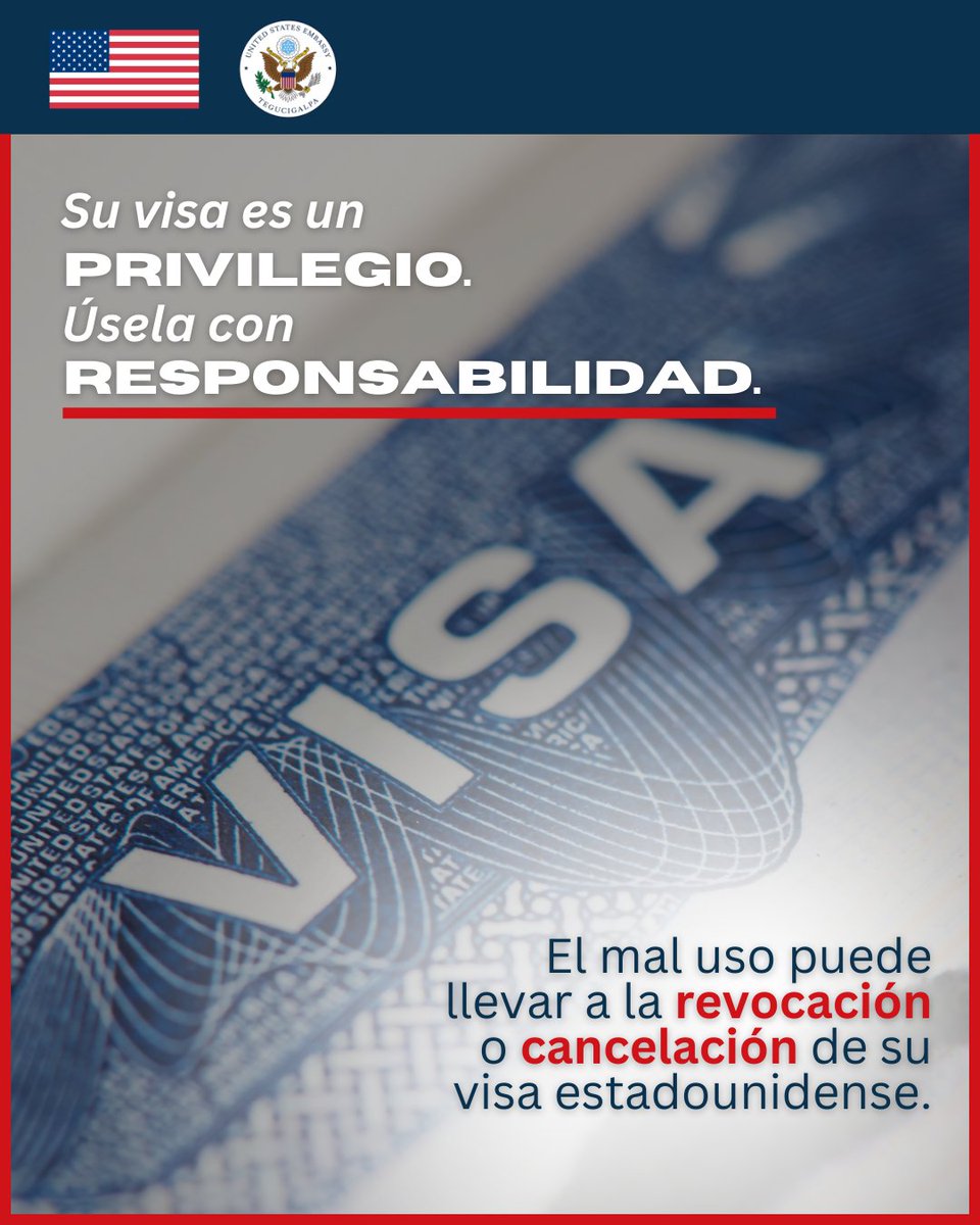 U.S. Embassy Tegucigalpa (@usembassyhn) on Twitter photo Usar su visa de forma correcta es su responsabilidad. 
Salir de EE. UU. después del período autorizado o incumplir los términos de su visa puede resultar en sanciones migratorias, incluida la revocación de su visa y la inelegibilidad para futuras solicitudes. Usar su visa de forma correcta es su responsabilidad. 
Salir de EE. UU. después del período autorizado o incumplir los términos de su visa puede resultar en sanciones migratorias, incluida la revocación de su visa y la inelegibilidad para futuras solicitudes.