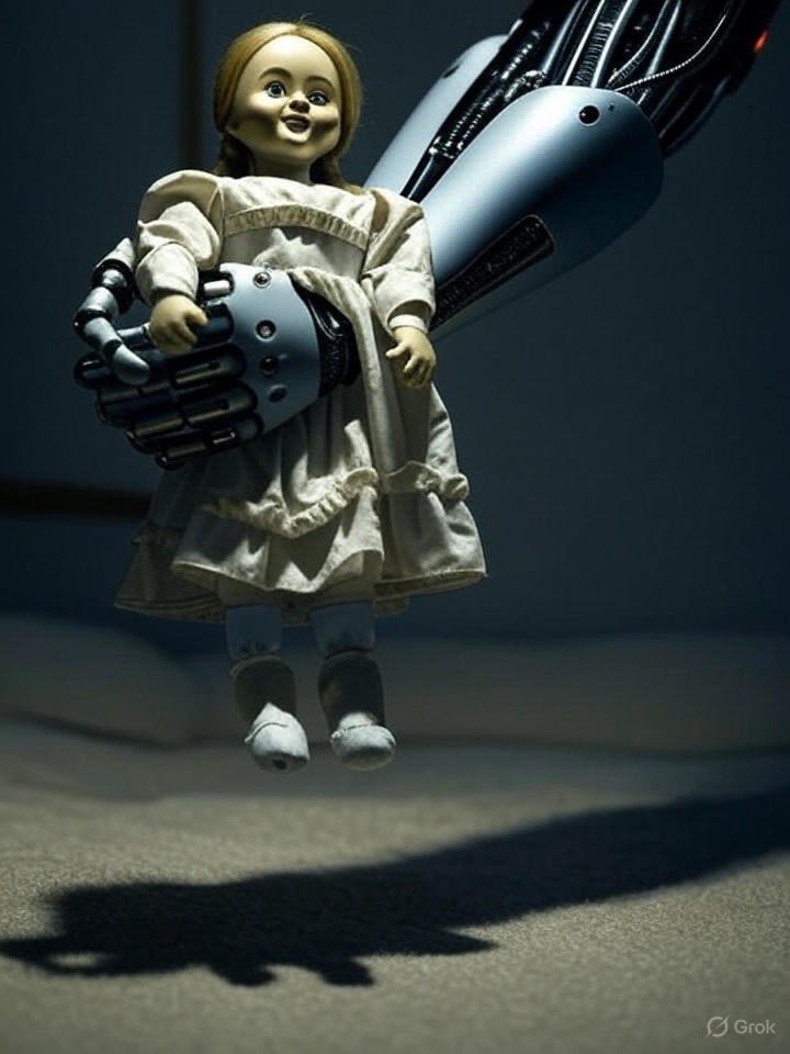 revsodhi's tweet image. kid had built it
for his mom
to help her
gather corn

A strong
#bionic arm
mounted atop
his remote car

Now cops were
crouched around
tense
sweating
watching it lift
A booby trapped
Annabelle doll

The boy gripped
both remotes
steady hands
he knew he’d get it done

#vss365