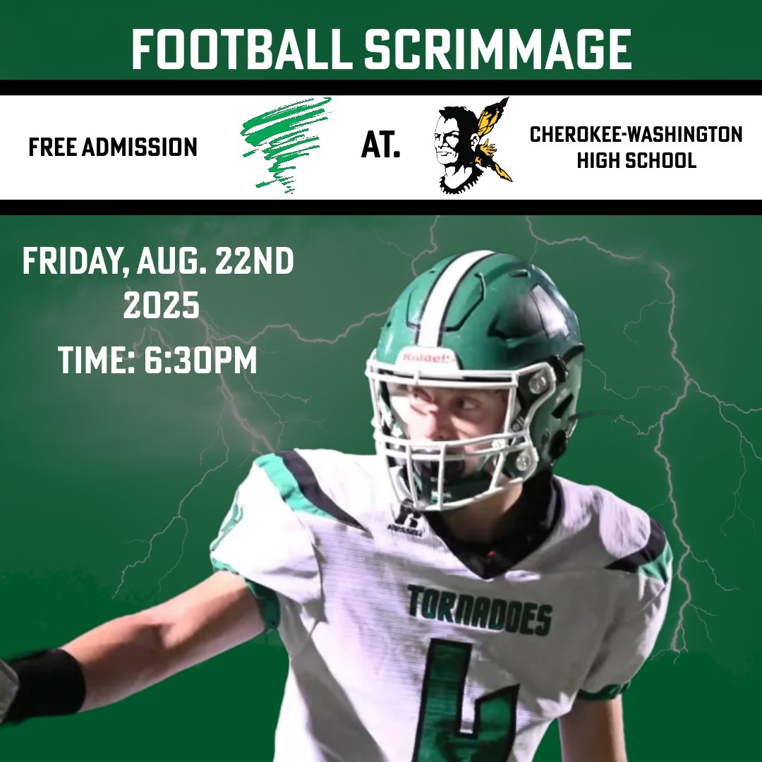 Week 0 Scrimmage in Cherokee on Friday evening at 6:30pm. There will be a bun behind our bench for free will donations of sports drinks/powder cans!

 #GoBigGreen! #GoTornadoes