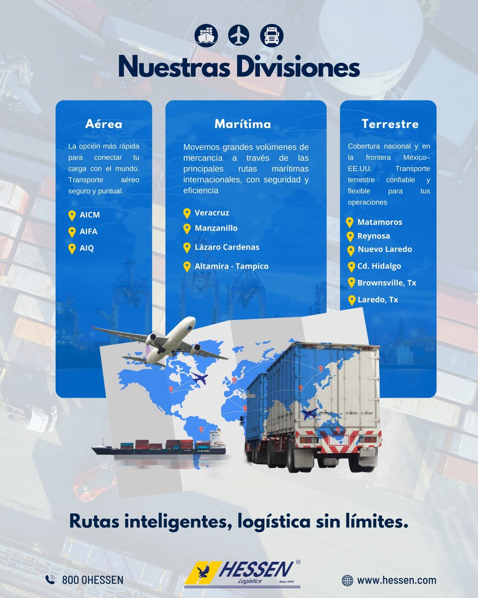 Tu mercancía llega a donde la necesites ✈️🚢🚛

Con cobertura nacional e internacional, en Hessen ofrecemos soluciones logísticas seguras, puntuales y eficientes.