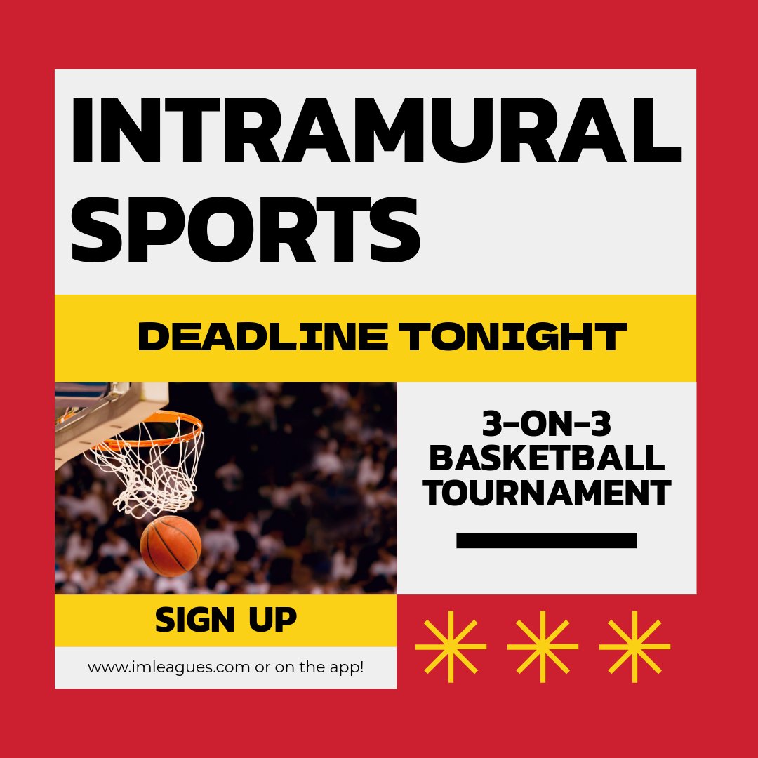 🚨INTRAMURAL SPORTS DEADLINE🚨 Today is the last day to sign up for the 3-on-3 Basketball Tournament! Sign up on IMLeagues or on the Pitt State Campus Rec App!

#campusrec #campuslife #OAGAAG #PSU #pittstate