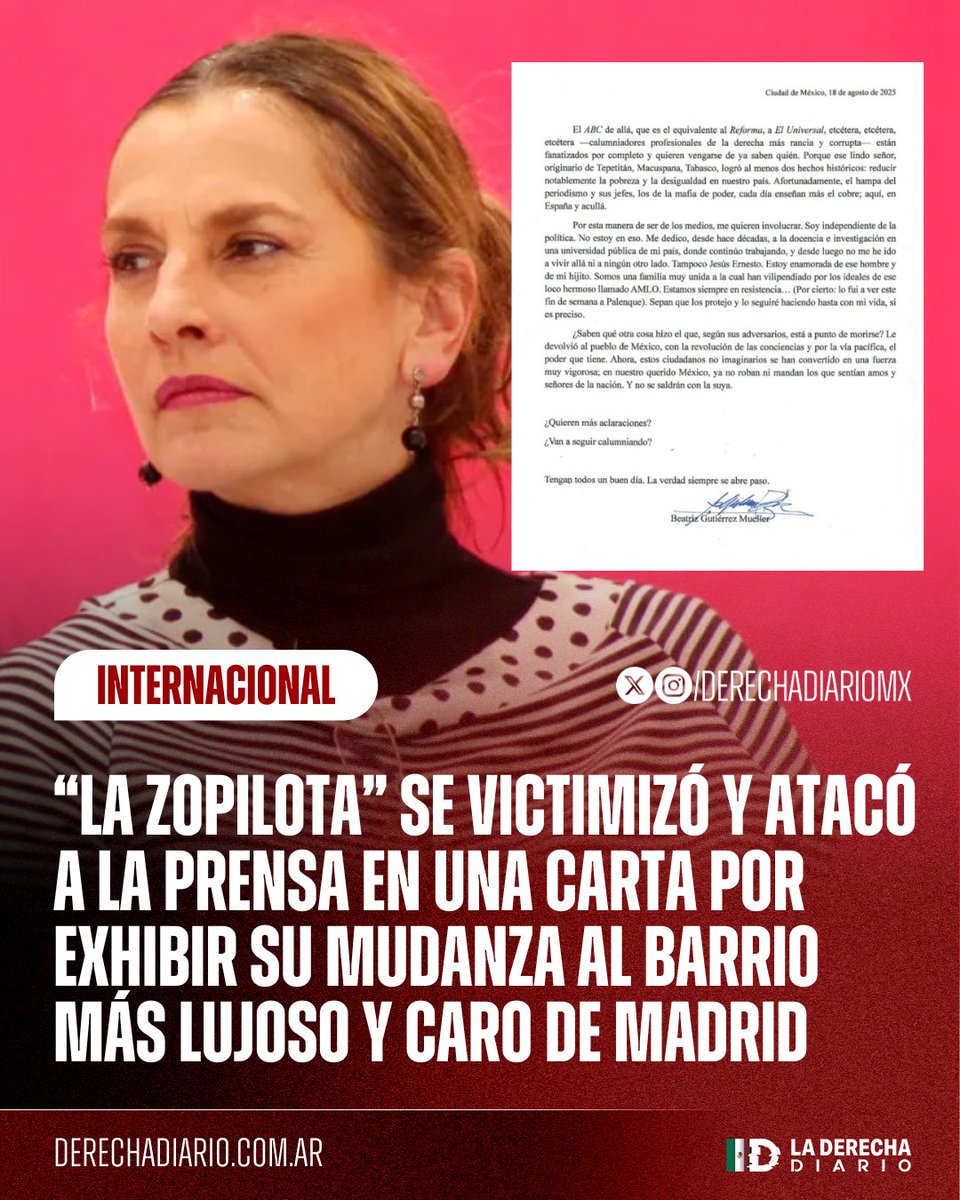 🇲🇽🇪🇸 | YA SALIÓ A LLORAR: La esposa de AMLO, Beatriz Gutiérrez Müller, publicó una carta en la que se victimizó y arremetió contra la prensa por revelar que se mudaría al barrio más lujoso de España con su hijo "El Chocoflan" exhibiendo su hipocresía y la de toda su familia.