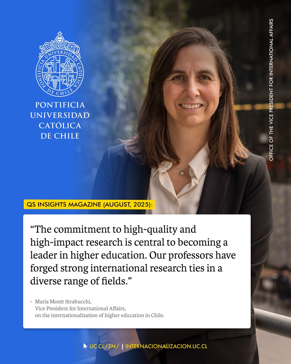 ucatolica_eng's tweet image. UC Chile’s Vice President for International Affairs, Maria Montt, contributed to the latest edition of QS Insights Magazine @TopUnis, addressing advances in the internationalization of higher education in Chile, as well as its main challenges.
magazine.qs.com/qs-insights-ma…