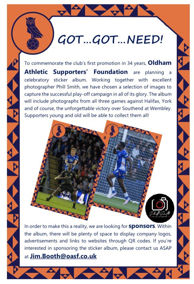 Oldham Athletic Supporters Foundation (@_oasf) on Twitter photo PLEASE SHARE: “Got…got…NEED!” <a href="/_OASF/">Oldham Athletic Supporters Foundation</a> and <a href="/phillsmithphoto/">Phill Smith Photography 📷</a> have their very own sticker album on the way, but we need your help... #oafc PLEASE SHARE: “Got…got…NEED!” <a href="/_OASF/">Oldham Athletic Supporters Foundation</a> and <a href="/phillsmithphoto/">Phill Smith Photography 📷</a> have their very own sticker album on the way, but we need your help... #oafc