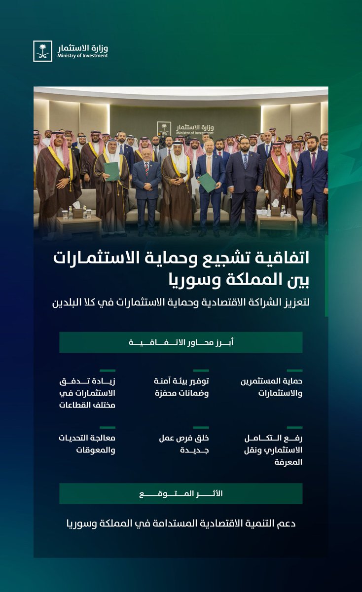 امتدادًا لـ #المنتدى_الاستثماري_السوري_السعودي2025، توقيع اتفاقية لحماية وتشجيع الاستثمار، تمهّد لمرحلة جديدة من الشراكات الاقتصادية وتفتح آفاقًا أوسع للتكامل الاستثماري بين البلدين. 📈🤝