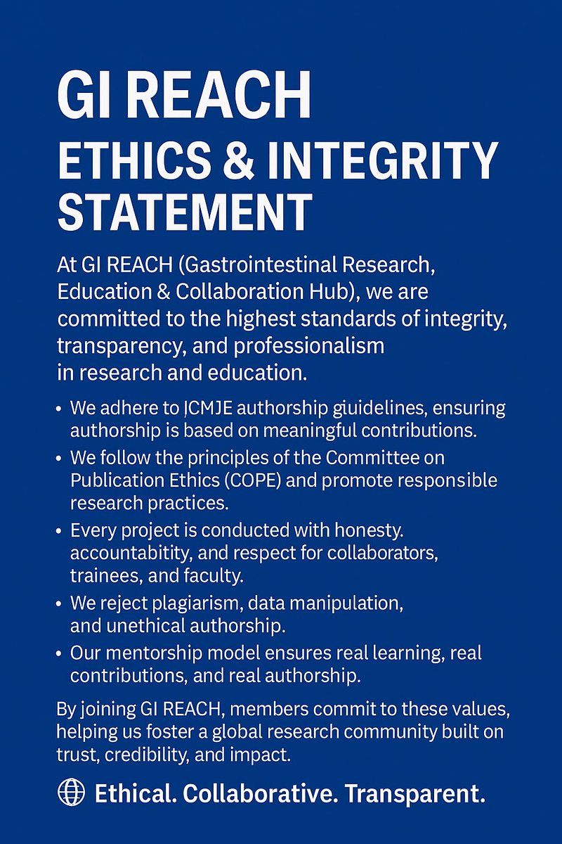 At GI REACH, we believe transparency builds trust.

We are fully open to independent credibility &amp; ethics checks by academic bodies, research organizations, or compliance authorities.

Our mission is clear: ethical, impactful, and collaborative research

#GIREACH #researchethics