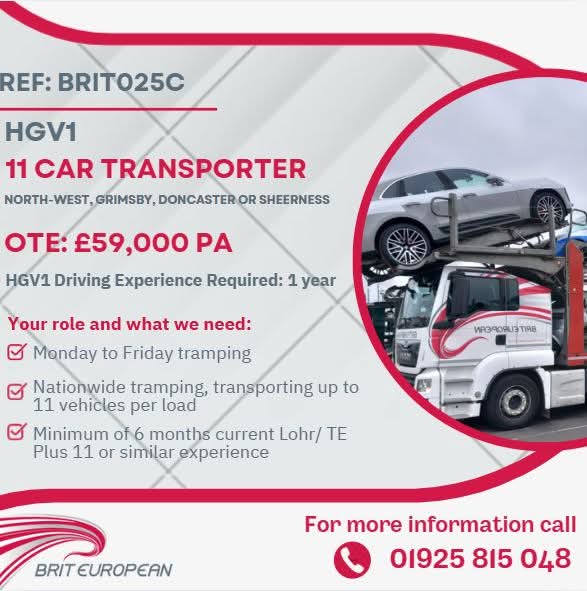 🚚 Join Our Team as an HGV1 11 Car Transporter Driver! 🚚

We’re hiring experienced HGV1 drivers to join our growing team, based in the North-West, Grimsby, Doncaster, or Sheerness. If you have at least 6 months’ experience with LOHR, TE Plus 11, or similar equipment.