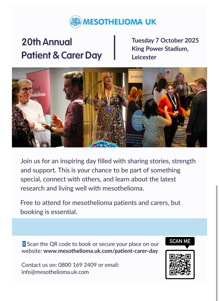 Join <a href="/EEAsbestos/">East of England Asbestos Patient Support Group</a> at the <a href="/Mesouk/">Mesothelioma UK</a> Patient &amp; Carer Day in Leicester 💙
A chance to connect, share &amp; support each other. 👉 Sign up today &amp; meet others who understand.

mesothelioma.uk.com/patient-carer-…

#Mesothelioma #Support #MesotheliomaUK