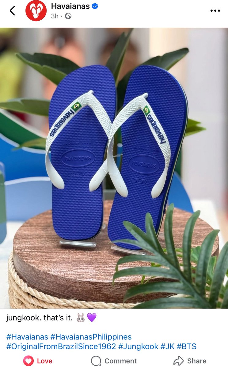 uktaekook's tweet photo. ℹ️ Havaianas Facebook page posted a picture of the flip-flops worn by Jungkook on the BTS Weverse live with the caption:

“jungkook. that’s it. 🐰💜”

If you’re on Facebook, make sure to engage 👇 
🔗 https://t.co/SdaE2wi9Ji https://t.co/rvC1cJjXr5