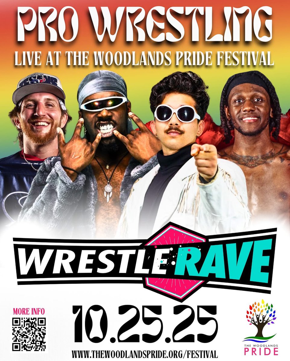 WrestleRave (blue checkmark) (@wrestleravehtx) on Twitter photo 🌈 SHOW ANNOUNCEMENT 🌈
WrestleRave is proud to bring our six-sided ring to The Woodlands Pride Festival on October 25th, 2025 at Town Green Park.
📍 The Woodlands, TX
🎟️ Free with festival entry
🔗 thewoodlandspride.org/festival 🌈 SHOW ANNOUNCEMENT 🌈
WrestleRave is proud to bring our six-sided ring to The Woodlands Pride Festival on October 25th, 2025 at Town Green Park.
📍 The Woodlands, TX
🎟️ Free with festival entry
🔗 thewoodlandspride.org/festival
