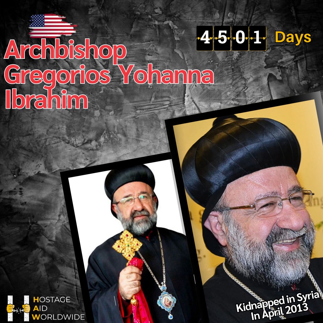 Today, Archbishop Gregorios Yohanna Ibrahim should have been surrounded by family, friends, &amp; his church community, celebrating his birthday.
Instead, for 12 long years, the Syriac Orthodox Archbishop &amp; American-Syrian national has been missing, kidnapped near Aleppo in 2013.

13